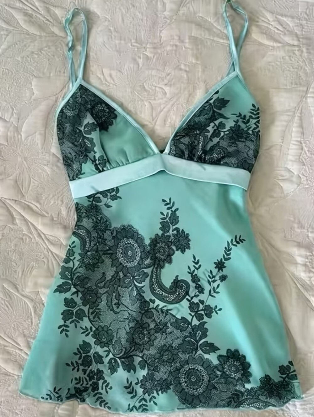 Silk-Feel Aqua Lace-Print Chemise Tank Top